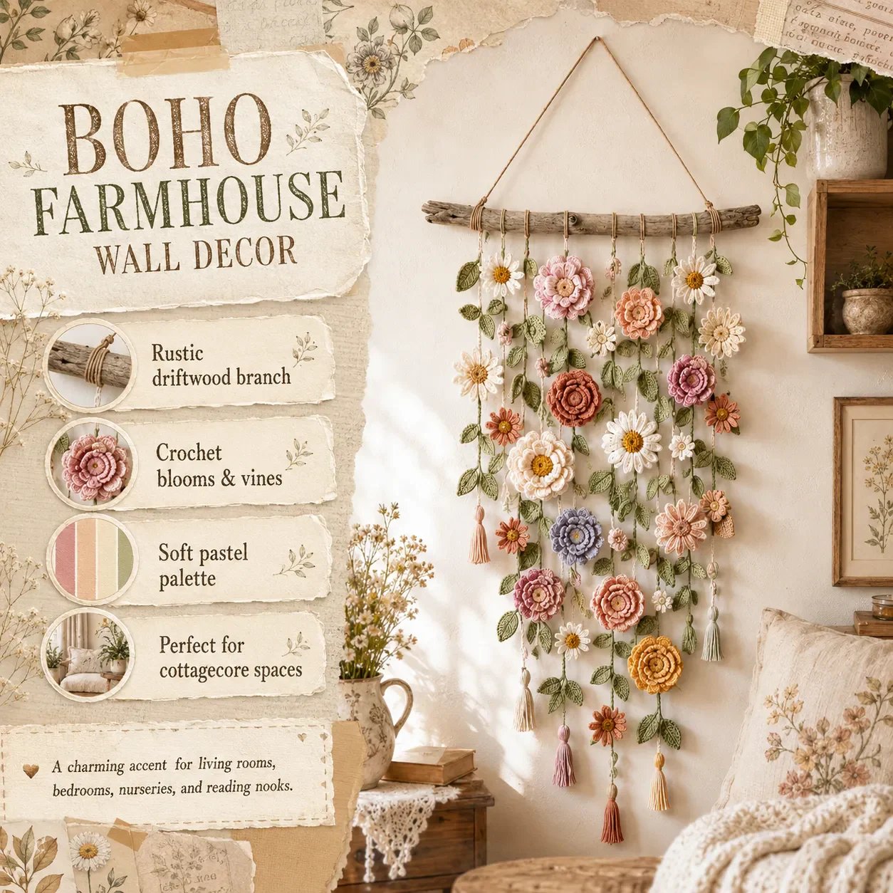š„ćLIMITED TIME 50% OFFćš„ Boho Gehaakte Bloemen Wanddecoratie | Handgemaakte Bloemen + Ranken + Kwastjes | Drijfhout Tak | Gezellige Cottage Stijl | Woonkamer/Slaapkamer/Babykamer