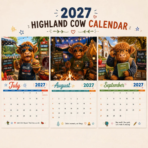 ❄️Zomerfresh 50% Korting!🐮Schotse Hooglander Kalender 2027 – Grappige A4 Wandkalender met 12 Maanden Vol Koeiencharme