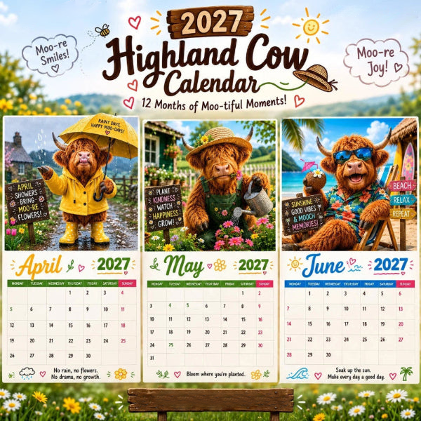 ❄️Zomerfresh 50% Korting!🐮Schotse Hooglander Kalender 2027 – Grappige A4 Wandkalender met 12 Maanden Vol Koeiencharme