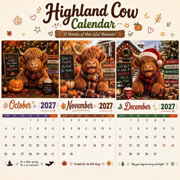 ❄️Zomerfresh 50% Korting!🐮Schotse Hooglander Kalender 2027 – Grappige A4 Wandkalender met 12 Maanden Vol Koeiencharme