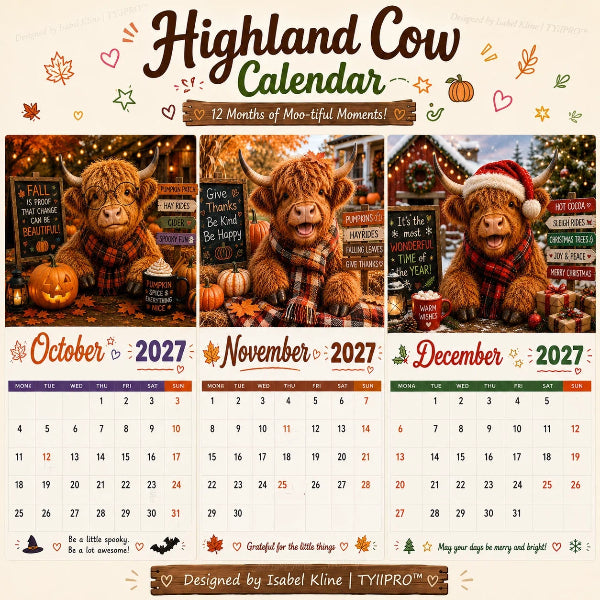 ❄️Zomerfresh 50% Korting!🐮Schotse Hooglander Kalender 2027 – Grappige A4 Wandkalender met 12 Maanden Vol Koeiencharme