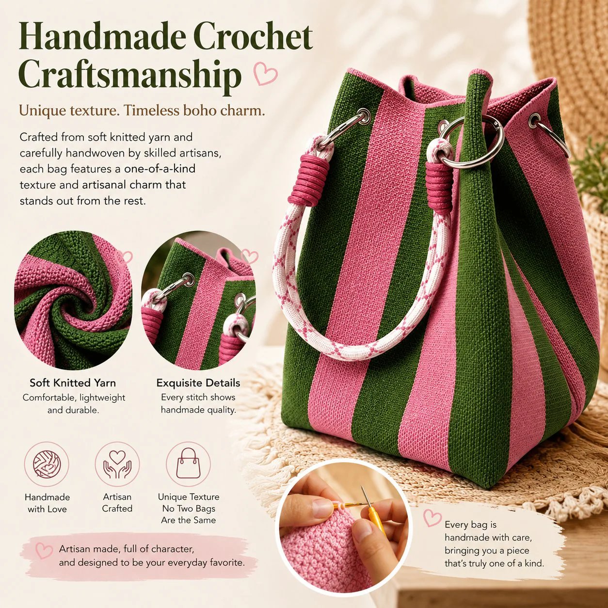 👜✨ LIMITED-TIME 50% KORTING! ✨ Boho Gestreept Gebreide Emmerhandtas voor Dames – Handgemaakte Zomer Strand Schoudertas