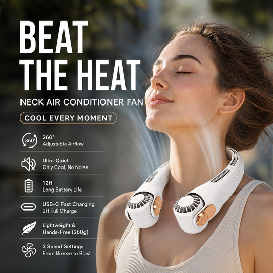 🌀 TIJDELIJKE AANBIEDING: 50% KORTING! 💥 360° draaibare nekventilator – ultrastil, 3 snelheden, handsfree, lange batterijduur ✨