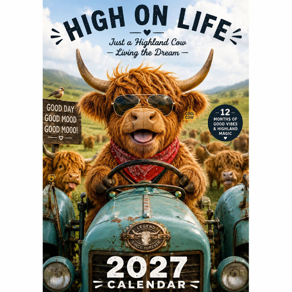 ❄️Zomerfresh 50% Korting!🐮Schotse Hooglander Kalender 2027 – Grappige A4 Wandkalender met 12 Maanden Vol Koeiencharme