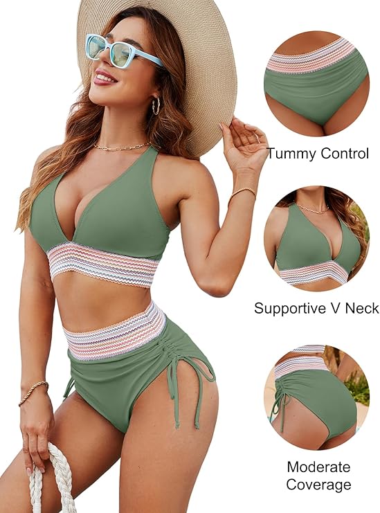 👙Hot Verkoop 50% Korting💃 Hoge Taille Buik Controle Kleur Blok De Bikini Inzetten