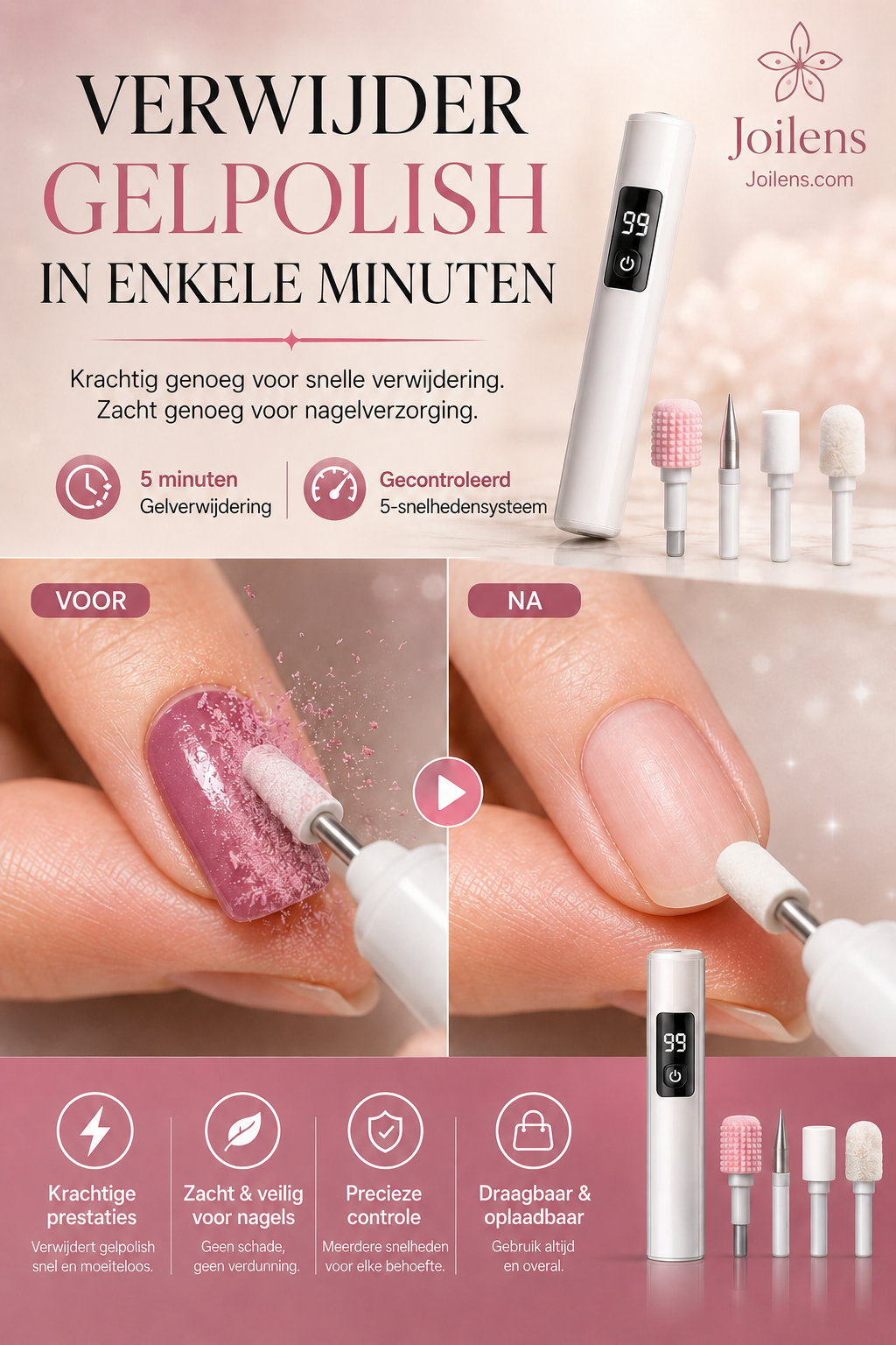 💎⚡ 50% KORTING! Stop met het worstelen met dikke, ruwe nagels en vijlen die niks doen! Deze elektrische nagelmachine met 99 snelheden en 4 opzetstukken slijpt ze in minuten glad, gepolijst en salon-waardig!