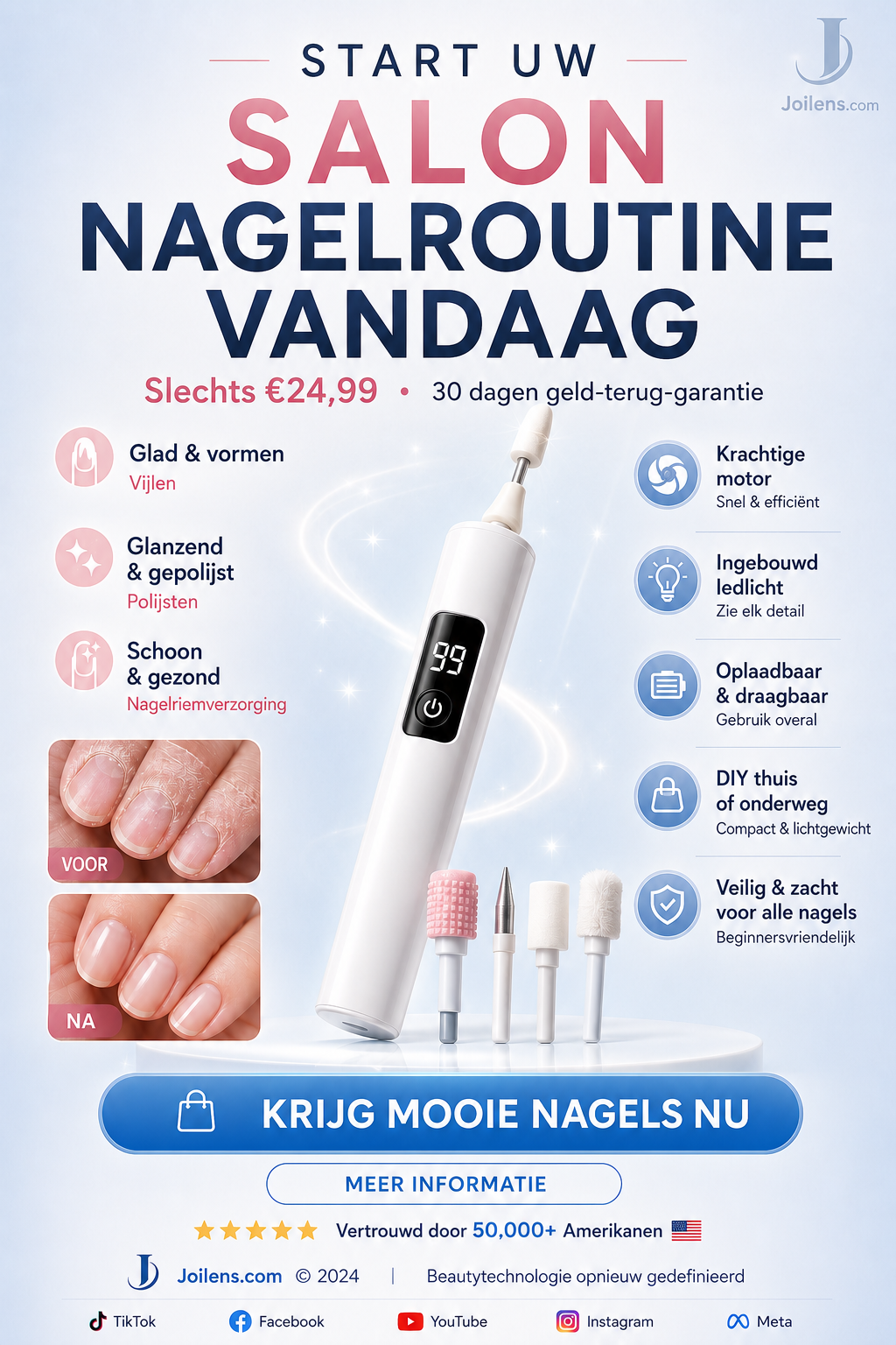 💎⚡ 50% KORTING! Stop met het worstelen met dikke, ruwe nagels en vijlen die niks doen! Deze elektrische nagelmachine met 99 snelheden en 4 opzetstukken slijpt ze in minuten glad, gepolijst en salon-waardig!
