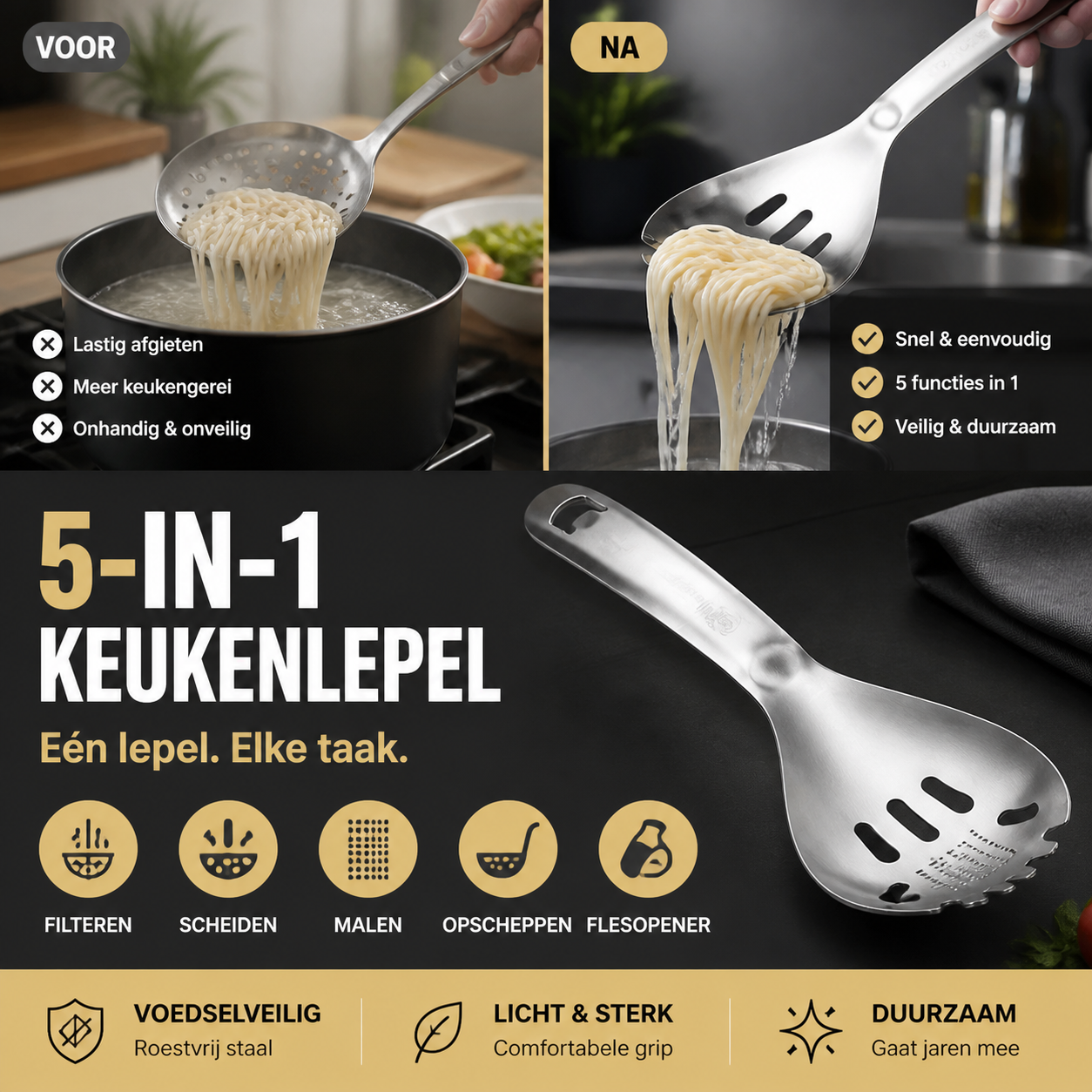 🔄🍲Multifunctionele Keukenlepel – Lepelen, Zeven, Scheiden, Malen & Openen | 5 Functies in 1 Handig Keukenhulpmiddel 🧂