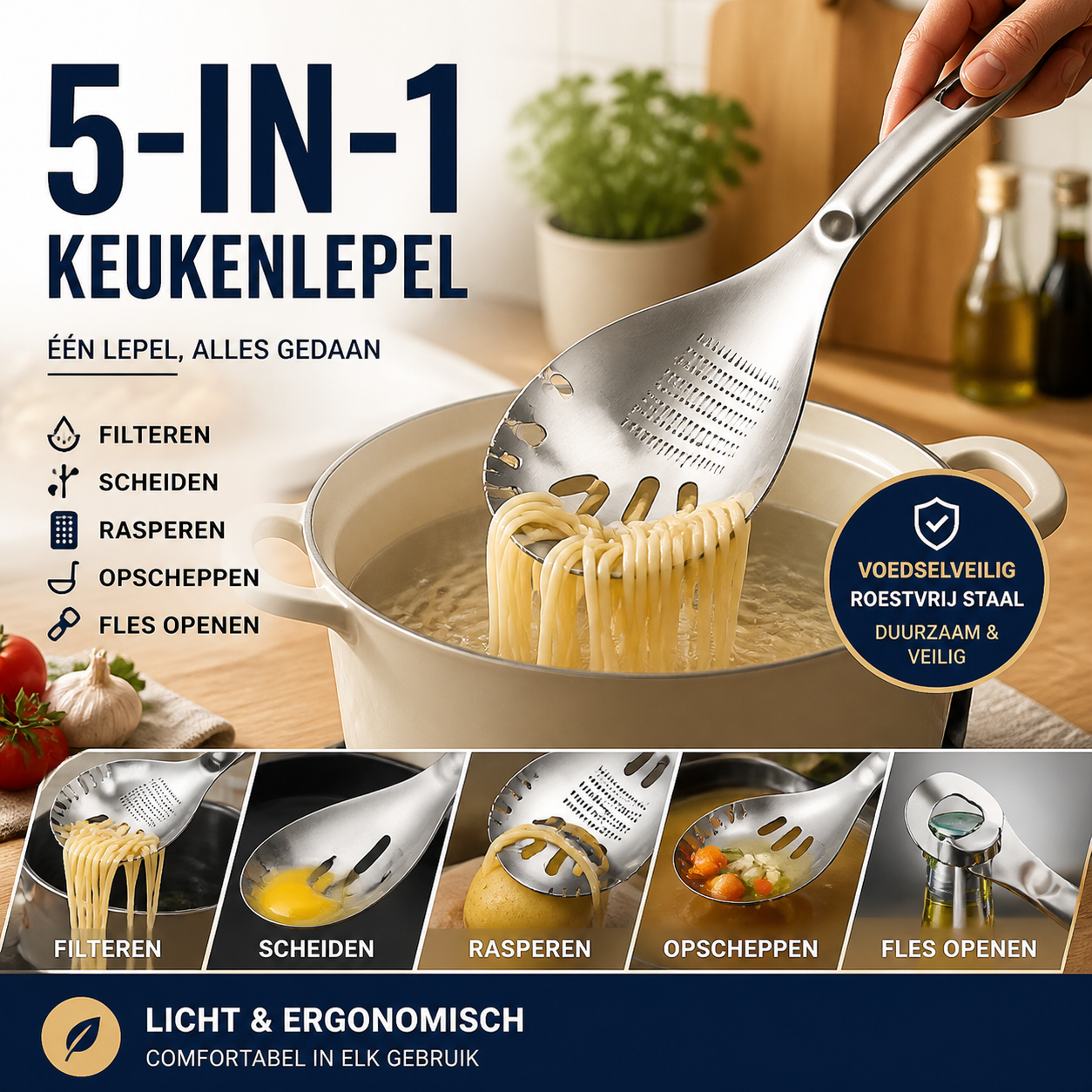 🔄🍲Multifunctionele Keukenlepel – Lepelen, Zeven, Scheiden, Malen & Openen | 5 Functies in 1 Handig Keukenhulpmiddel 🧂