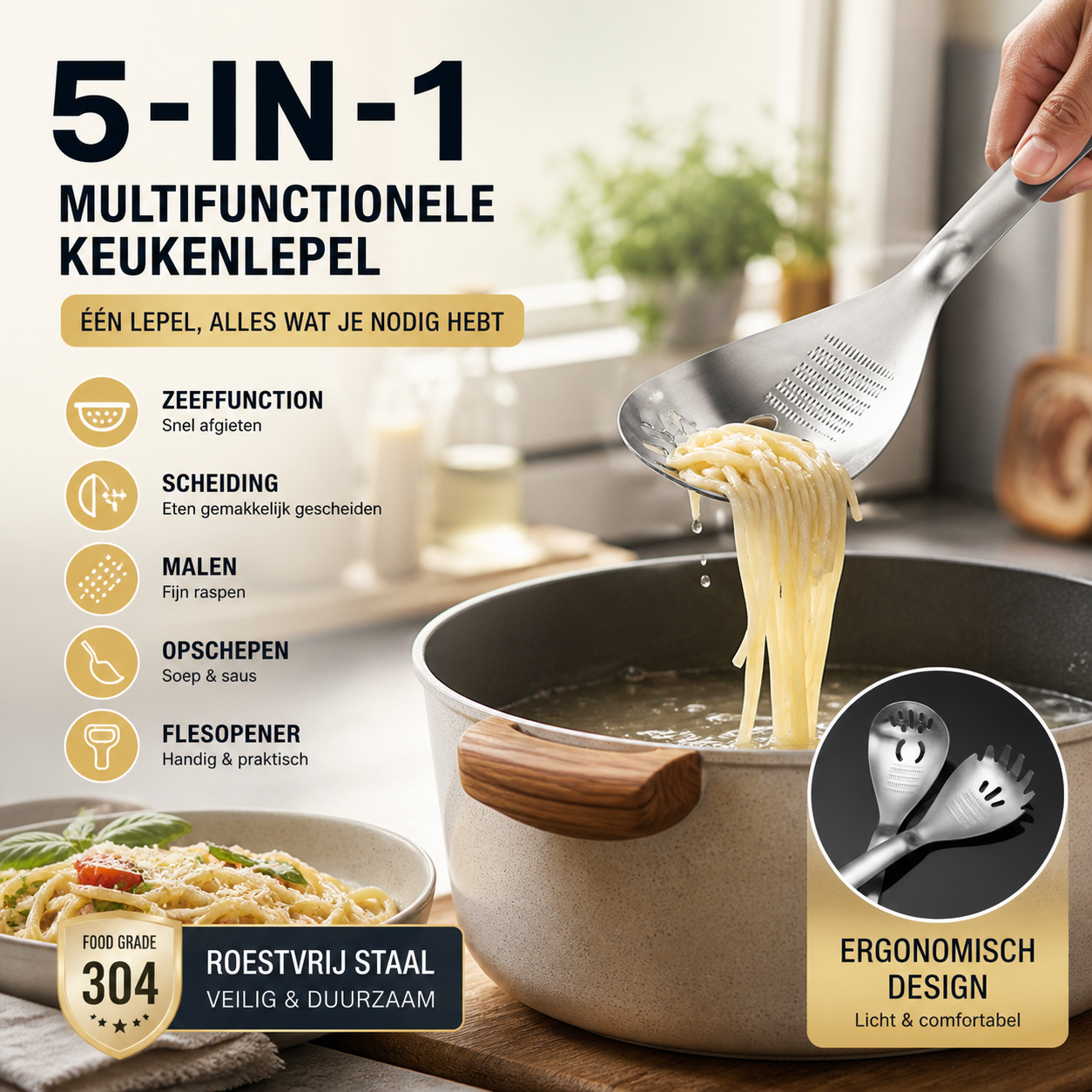 🔄🍲Multifunctionele Keukenlepel – Lepelen, Zeven, Scheiden, Malen & Openen | 5 Functies in 1 Handig Keukenhulpmiddel 🧂