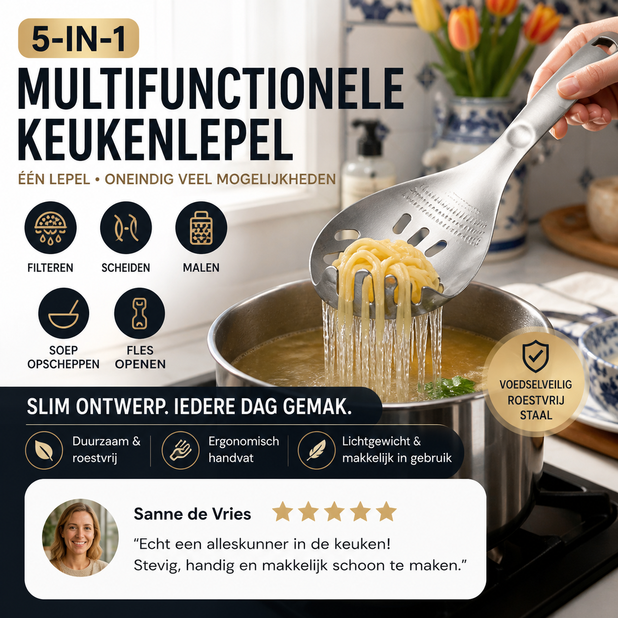 🔄🍲Multifunctionele Keukenlepel – Lepelen, Zeven, Scheiden, Malen & Openen | 5 Functies in 1 Handig Keukenhulpmiddel 🧂