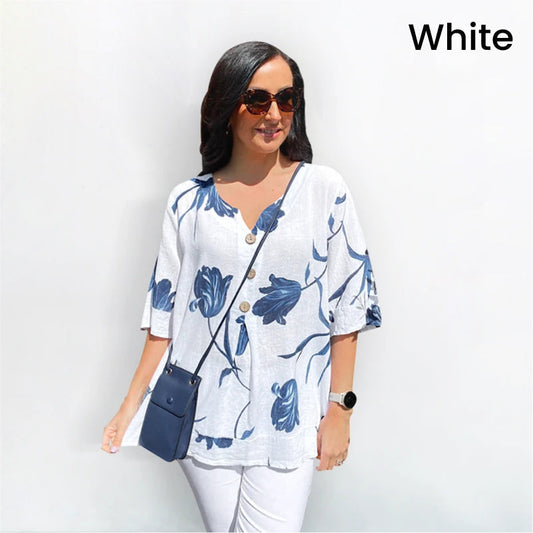 👚Lockeres Damenoberteil aus Leinen mit V-Ausschnitt