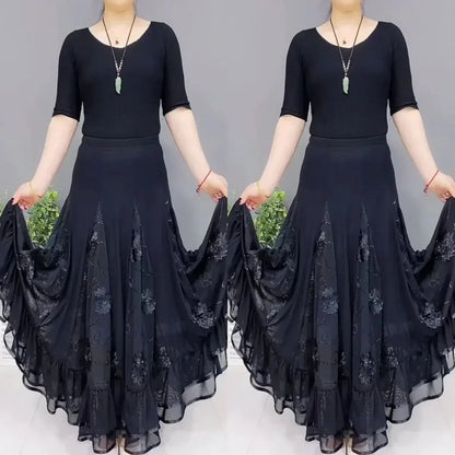 🌷🌹Neu Bestickte hohe Taille Langer Puffy Tanzrock