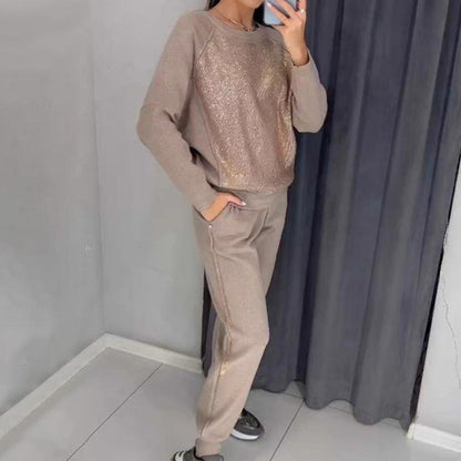 💕Damen Glitter Rhinestone Sweatshirt & Casual Hose 2-teiliges Set