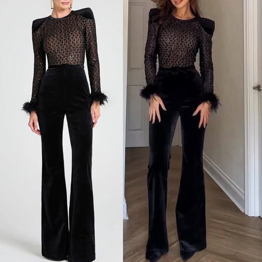 Damen Jumpsuit mit Gürtel, Schlagsaum und Langärmel