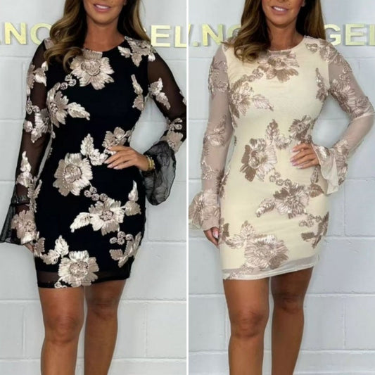 Damen elegantes Bodycon-Kleid mit Blumenstickerei und Glockenärmeln
