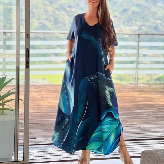 🌴Sommerspezialitäten🌴Lässige weite Kleider mit V-Ausschnitt und kurzen Ärmeln für Frauen