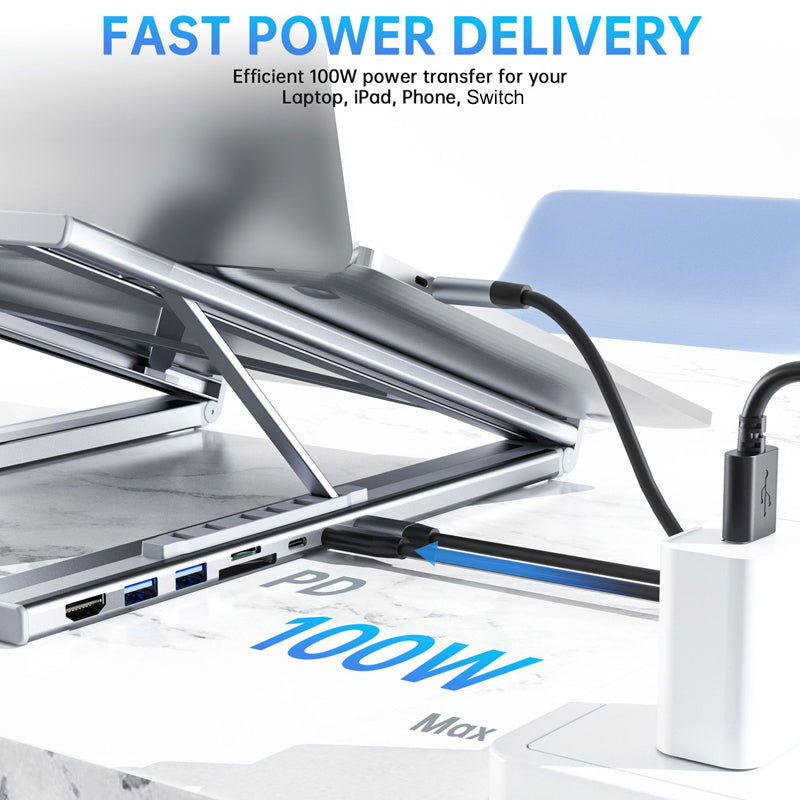 🌞Fris De Lente In Met 50% Korting!🔥Premium 2-in-1 Aluminium Laptopstandaard & USB-C Docking Station | Ergonomisch, Opvouwbaar + 4K HDMI & 8 Poorten