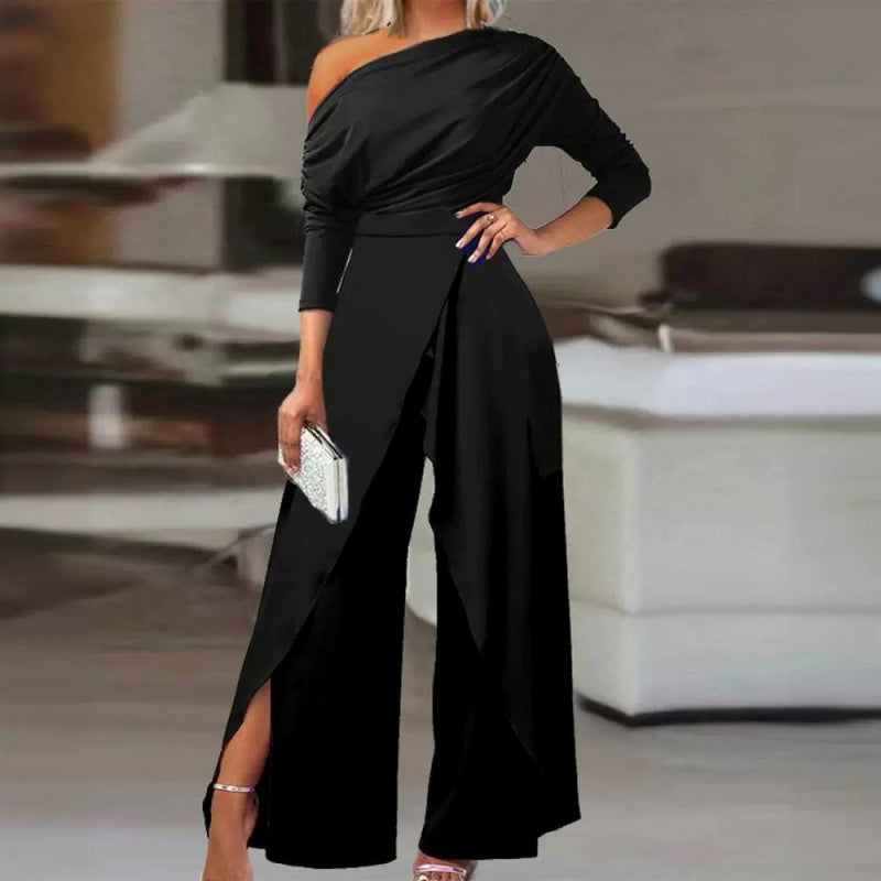 👗 50% RABATT! ✨ Eleganter Einteiliger Overall mit Einer Schulter – Fließende Weite Beine, Wickelrock-Detail & Atmungsaktiver Stoff 💃