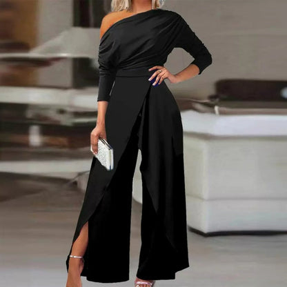 👗 50% RABATT! ✨ Eleganter Einteiliger Overall mit Einer Schulter – Fließende Weite Beine, Wickelrock-Detail & Atmungsaktiver Stoff 💃