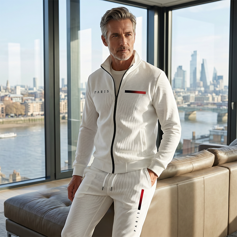 🧥TIJDELIJKE AANBIEDING: 50% KORTING✨Set met bedrukt herenjack met rits en broek – Compleet, zacht, casual🎨