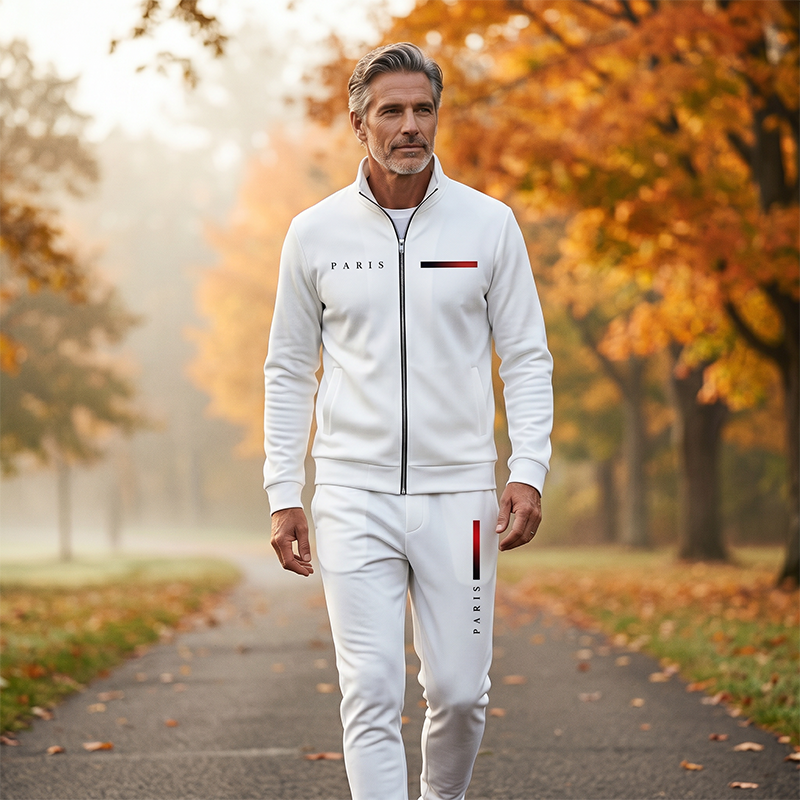 🧥TIJDELIJKE AANBIEDING: 50% KORTING✨Set met bedrukt herenjack met rits en broek – Compleet, zacht, casual🎨