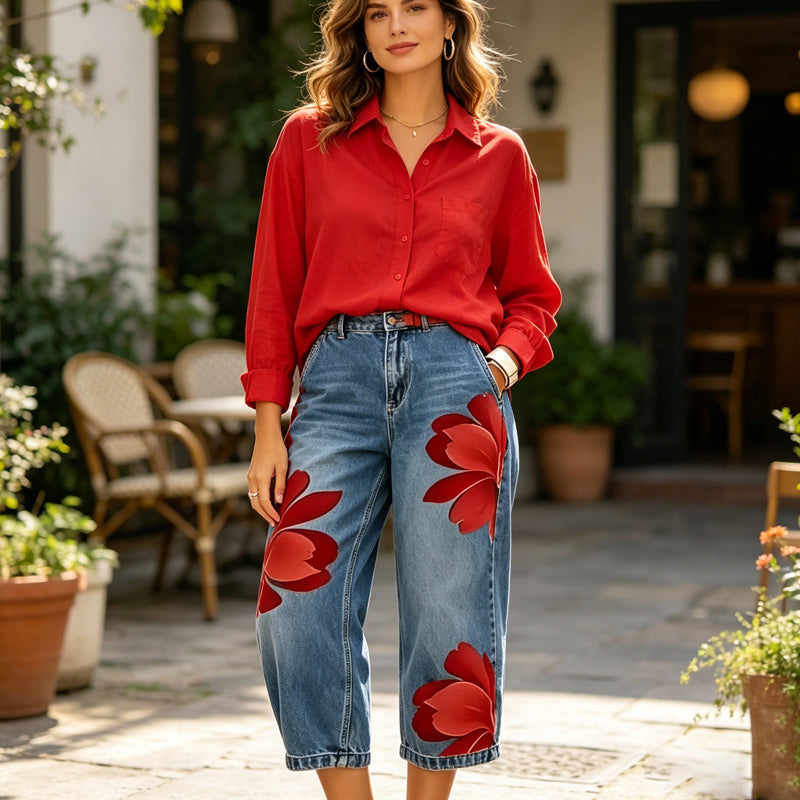 Artistic Flower-jeans met wijde pijpen voor dames