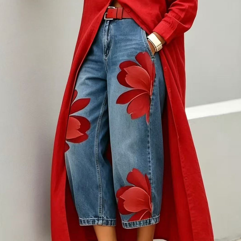 Artistic Flower-jeans met wijde pijpen voor dames
