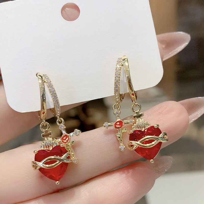 Vintage-Inspired Red Heart & Cross Earrings