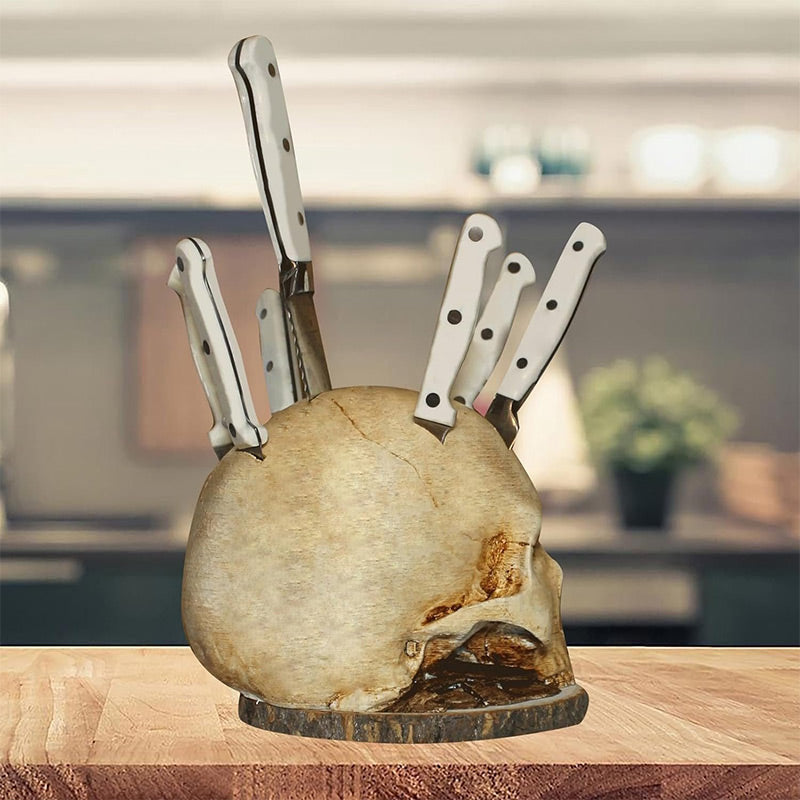 💀 Creatieve harsen schedel meshouder – stoer design, stevig en stabiel voor al je messen.