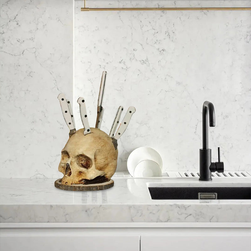 💀 Creatieve harsen schedel meshouder – stoer design, stevig en stabiel voor al je messen.