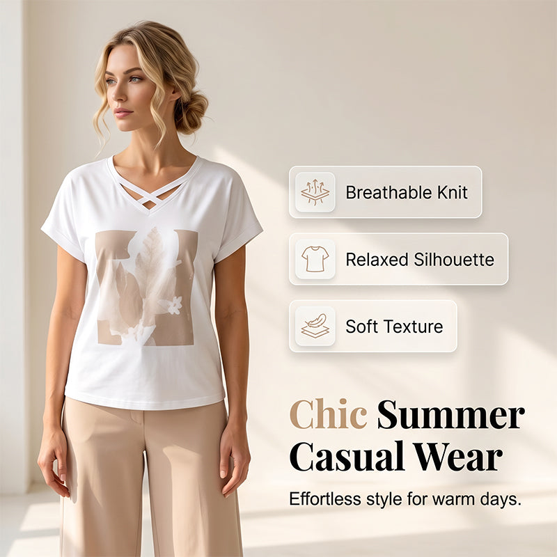 Casual tweedelige set voor dames: T-shirt met V-hals en cropped broek