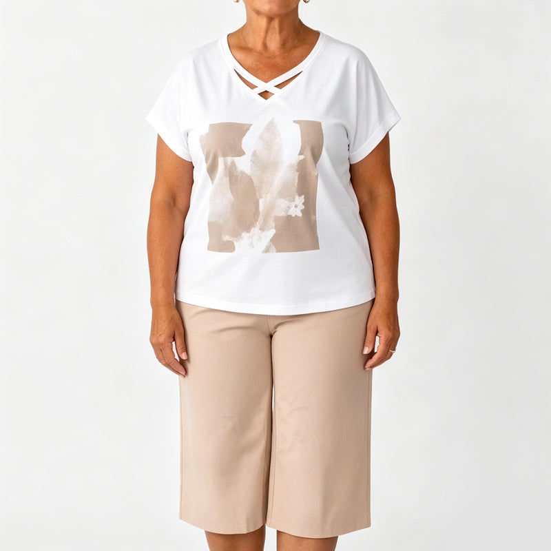 Casual tweedelige set voor dames: T-shirt met V-hals en cropped broek
