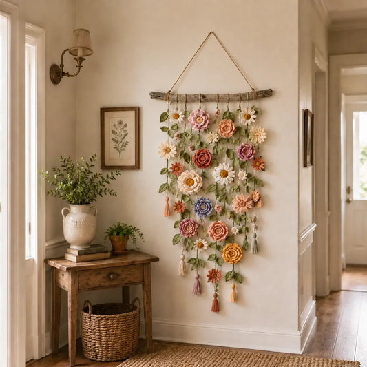 💥【LIMITED TIME 50% OFF】🔥 Boho Gehaakte Bloemen Wanddecoratie | Handgemaakte Bloemen + Ranken + Kwastjes | Drijfhout Tak | Gezellige Cottage Stijl | Woonkamer/Slaapkamer/Babykamer