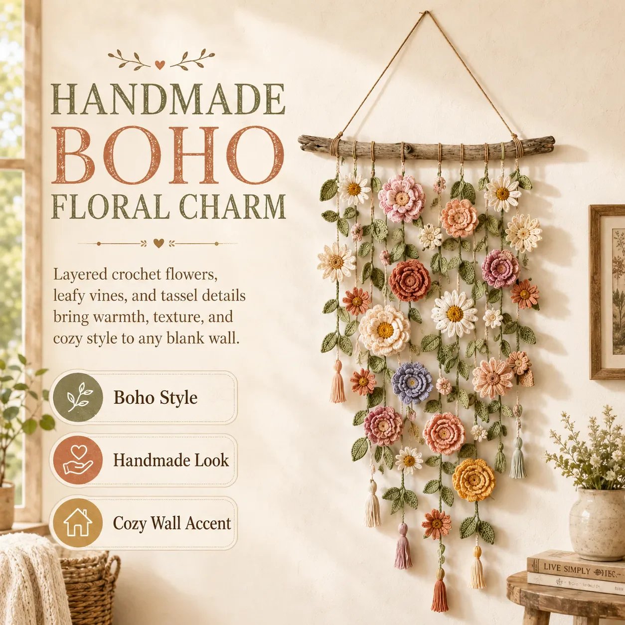 💥【LIMITED TIME 50% OFF】🔥 Boho Gehaakte Bloemen Wanddecoratie | Handgemaakte Bloemen + Ranken + Kwastjes | Drijfhout Tak | Gezellige Cottage Stijl | Woonkamer/Slaapkamer/Babykamer