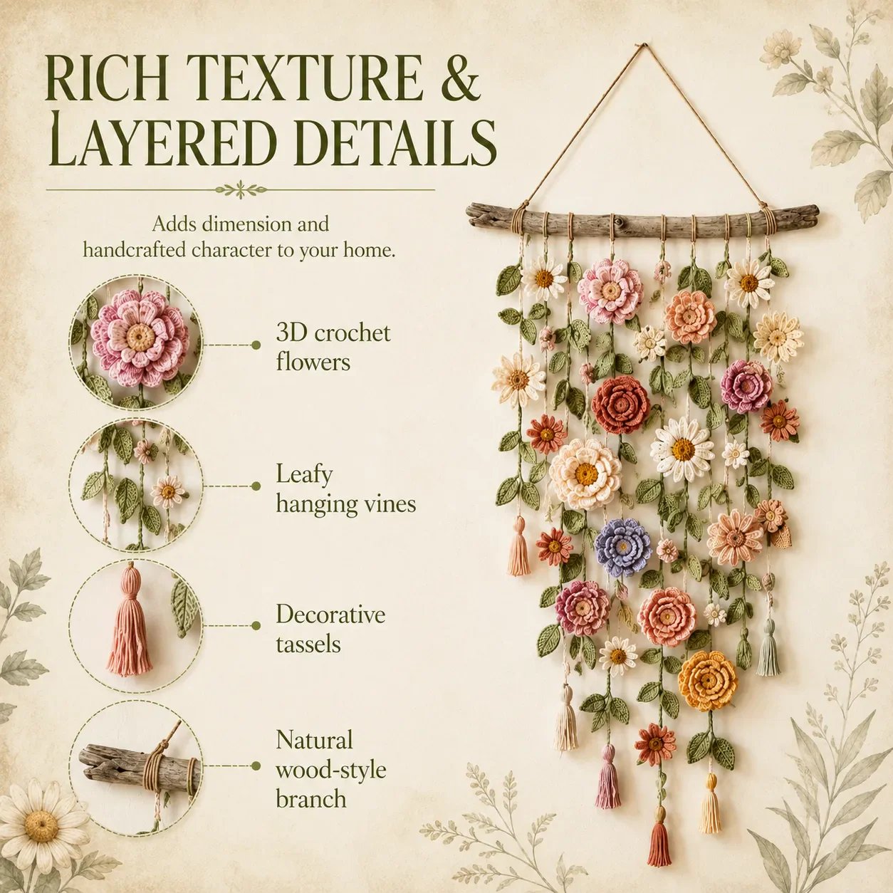 💥【LIMITED TIME 50% OFF】🔥 Boho Gehaakte Bloemen Wanddecoratie | Handgemaakte Bloemen + Ranken + Kwastjes | Drijfhout Tak | Gezellige Cottage Stijl | Woonkamer/Slaapkamer/Babykamer