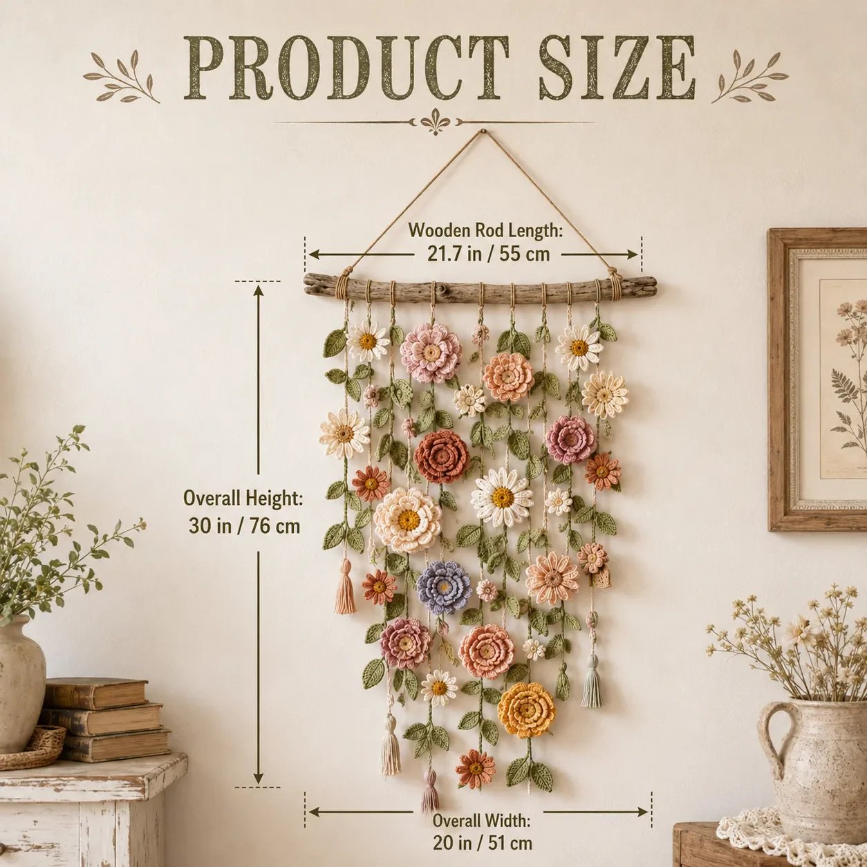 💥【LIMITED TIME 50% OFF】🔥 Boho Gehaakte Bloemen Wanddecoratie | Handgemaakte Bloemen + Ranken + Kwastjes | Drijfhout Tak | Gezellige Cottage Stijl | Woonkamer/Slaapkamer/Babykamer