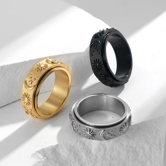 🛍️ 50 % Rabatt – Titanstahl-Ring mit Mond-, Stern- & Sonnen-Motiv – drehbarer Fidget-Ring – für kleine Auszeiten im Alltag 🌙