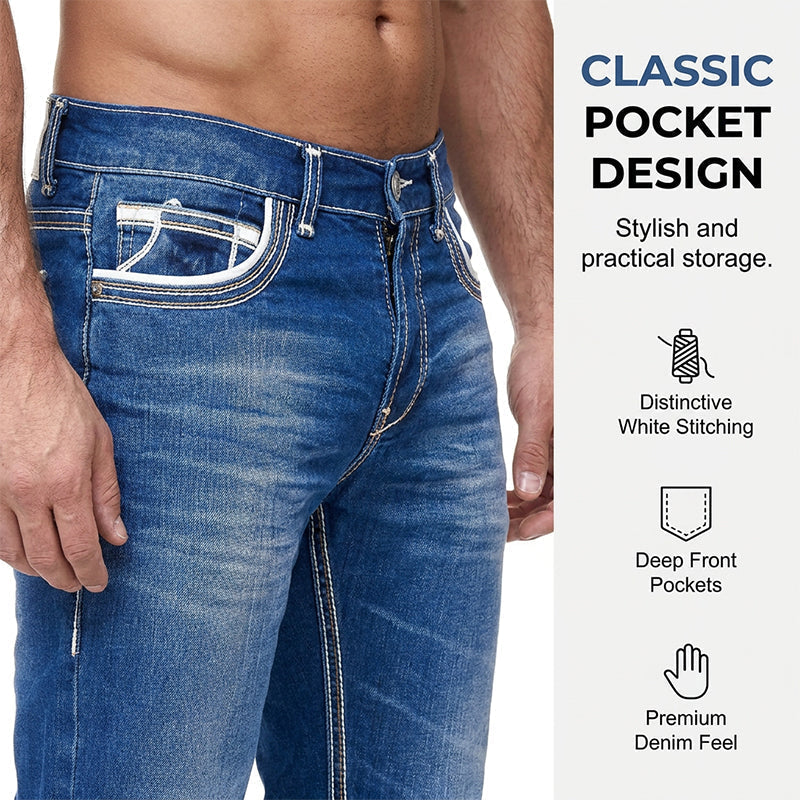 Hoog-Elastische Dubbel Gestikte Heren Jeans