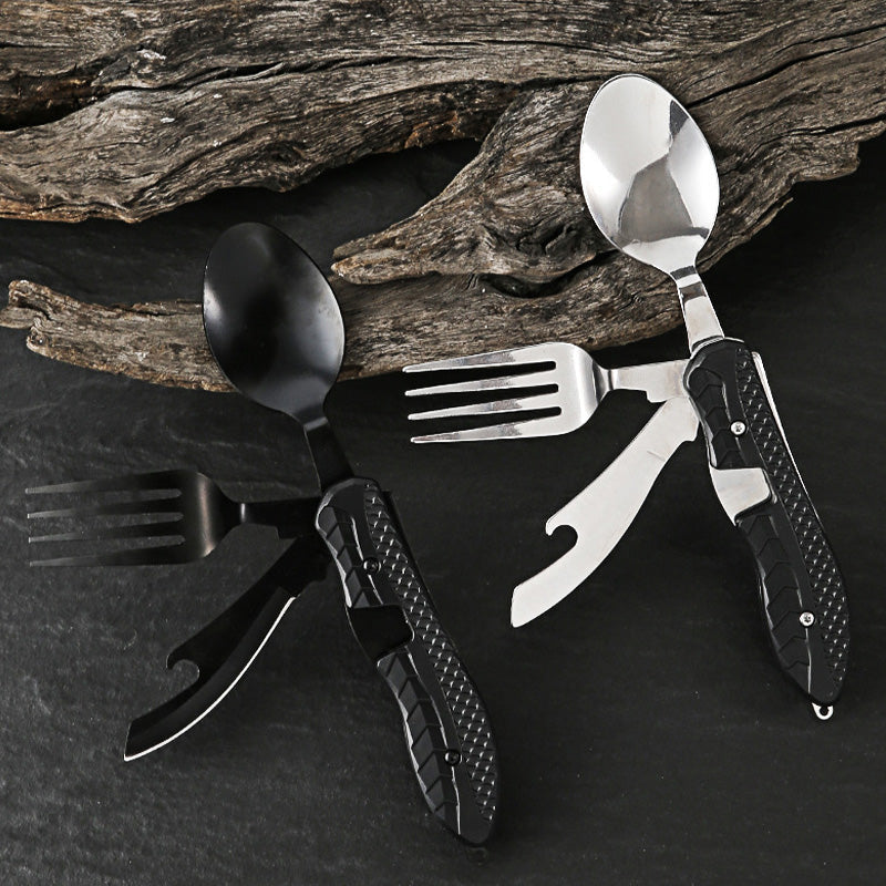 ❄️Zomerfresh 50% Korting!🍴4-in-1 Opvouwbaar Campingbestek – Compact Buitenbestek met Vork, Lepel, Tafelmes en Flesopener
