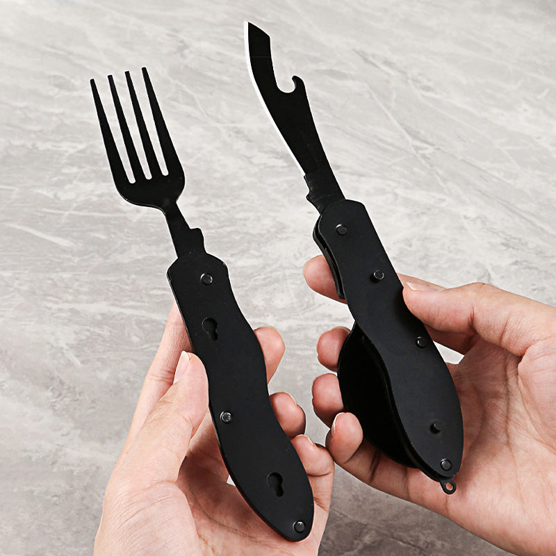 ❄️Zomerfresh 50% Korting!🍴4-in-1 Opvouwbaar Campingbestek – Compact Buitenbestek met Vork, Lepel, Tafelmes en Flesopener