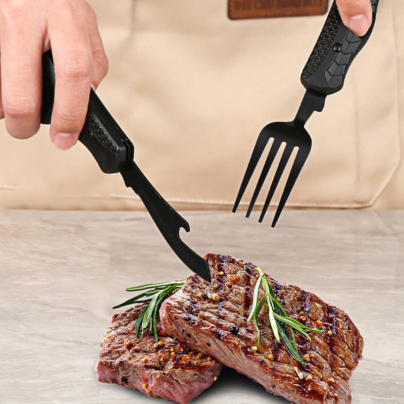 ❄️Zomerfresh 50% Korting!🍴4-in-1 Opvouwbaar Campingbestek – Compact Buitenbestek met Vork, Lepel, Tafelmes en Flesopener