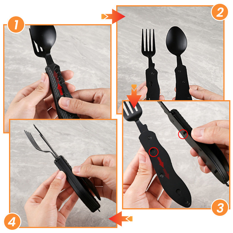 ❄️Zomerfresh 50% Korting!🍴4-in-1 Opvouwbaar Campingbestek – Compact Buitenbestek met Vork, Lepel, Tafelmes en Flesopener