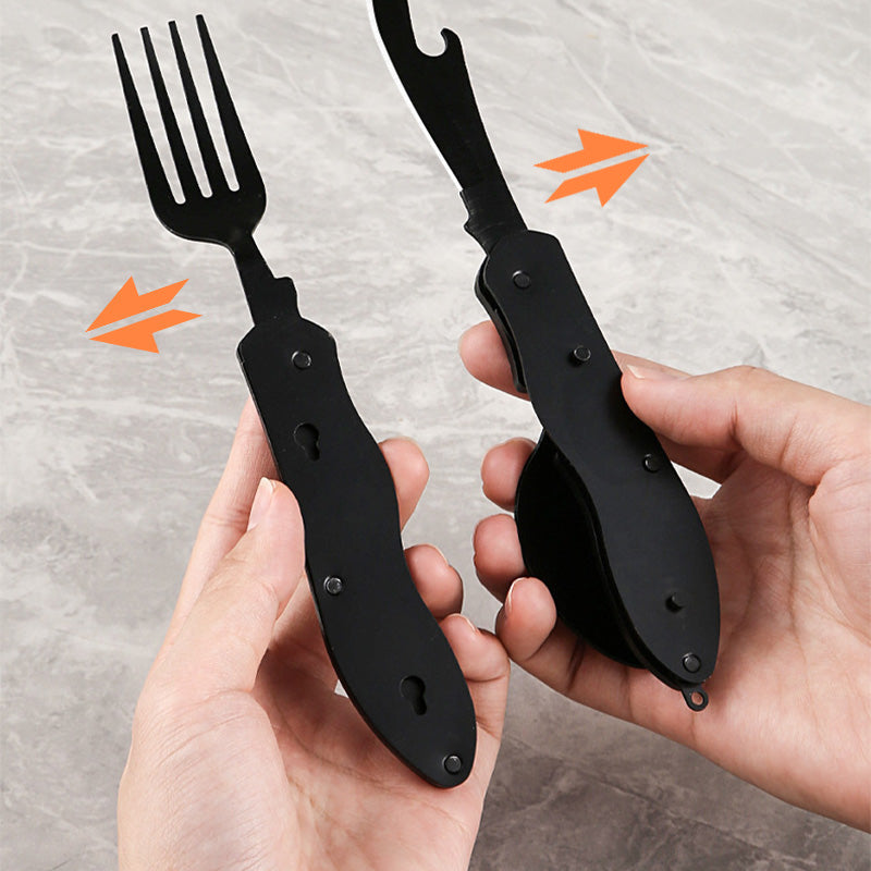 ❄️Zomerfresh 50% Korting!🍴4-in-1 Opvouwbaar Campingbestek – Compact Buitenbestek met Vork, Lepel, Tafelmes en Flesopener