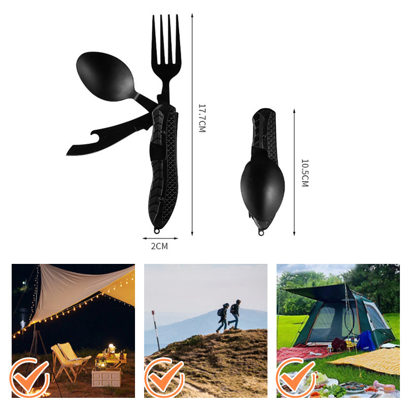 ❄️Zomerfresh 50% Korting!🍴4-in-1 Opvouwbaar Campingbestek – Compact Buitenbestek met Vork, Lepel, Tafelmes en Flesopener
