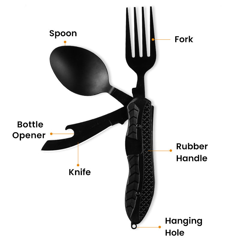 ❄️Zomerfresh 50% Korting!🍴4-in-1 Opvouwbaar Campingbestek – Compact Buitenbestek met Vork, Lepel, Tafelmes en Flesopener