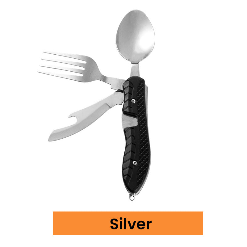 ❄️Zomerfresh 50% Korting!🍴4-in-1 Opvouwbaar Campingbestek – Compact Buitenbestek met Vork, Lepel, Tafelmes en Flesopener