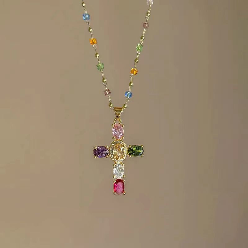 Dames Kleurrijke Zirkoon Kruis Hanger Ketting