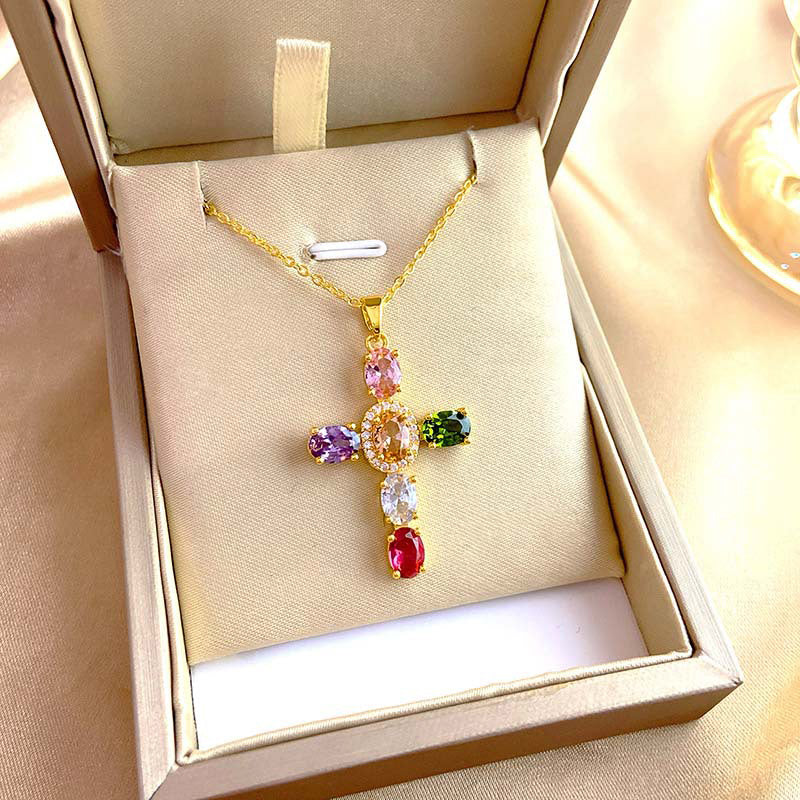 Dames Kleurrijke Zirkoon Kruis Hanger Ketting