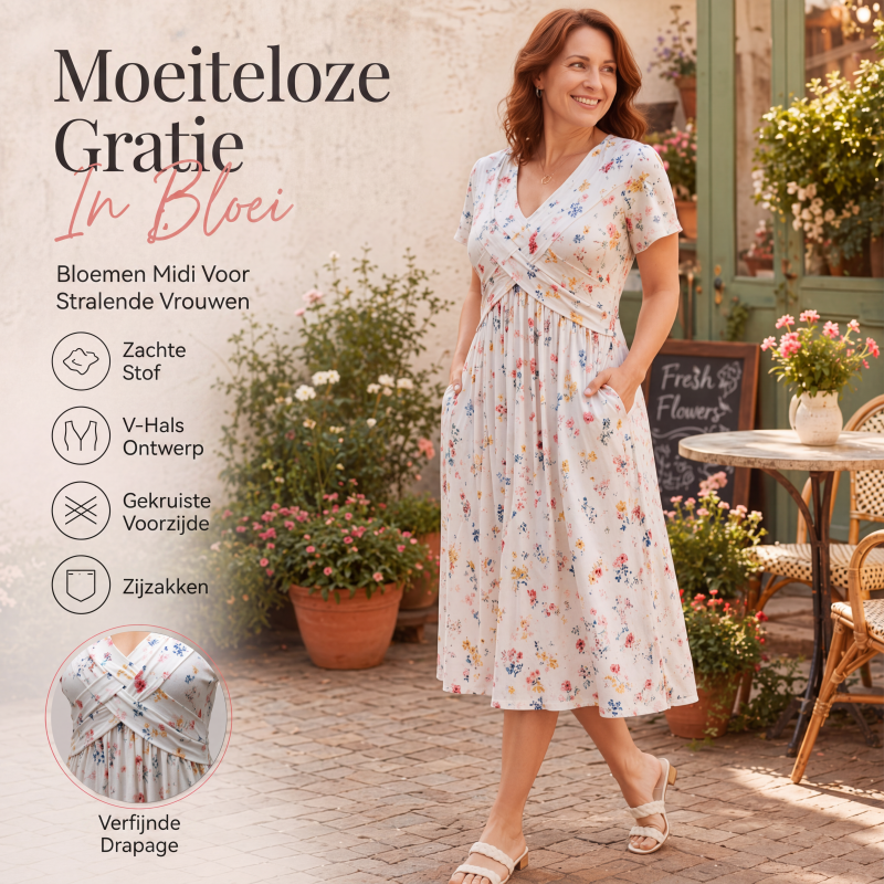 Damesjurk met V-hals, bloemenprint en gedraaide taille